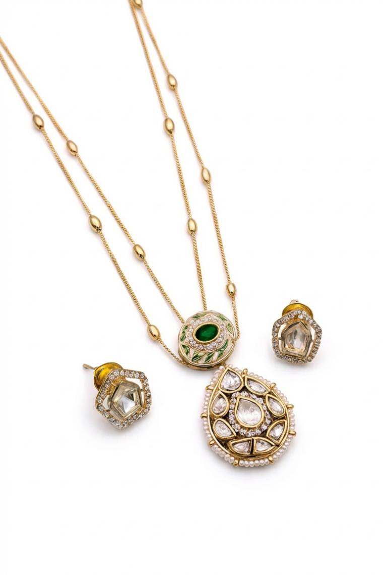 Gold-Plated Kundan Necklace Set with Green Stone Pendant & Matching Earrings | Traditional Ethnic Jewelry for Women