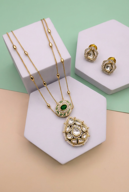Gold-Plated Kundan Necklace Set with Green Stone Pendant & Matching Earrings | Traditional Ethnic Jewelry for Women