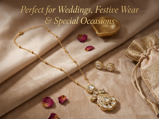 Elegant Gold-Plated Kundan Necklace Set with Stud Earrings | Bridal & Festive Jewelry