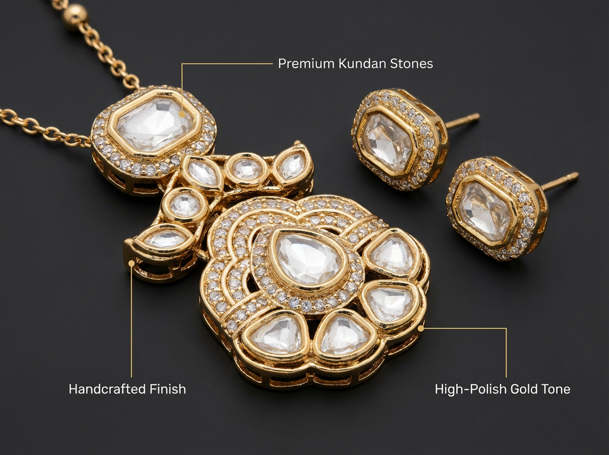 Elegant Gold-Plated Kundan Necklace Set with Stud Earrings | Bridal & Festive Jewelry