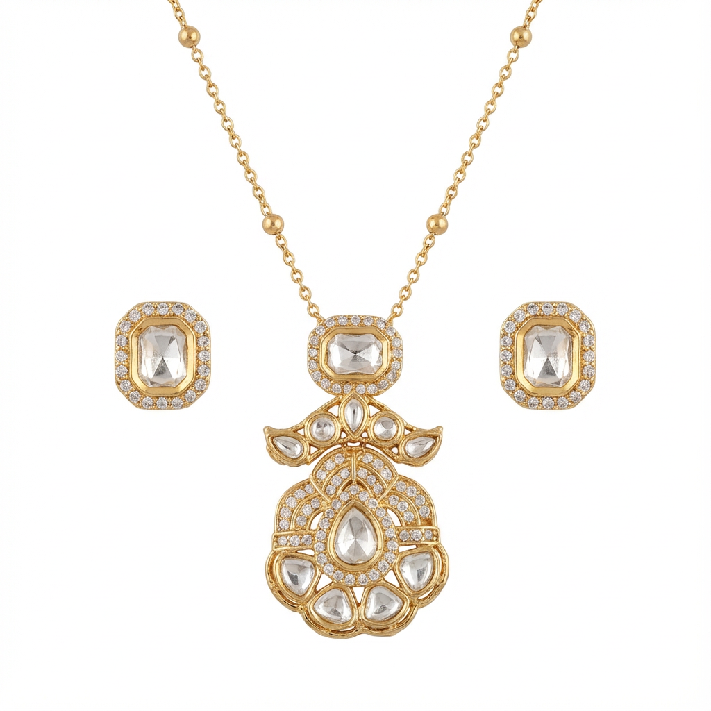 Elegant Gold-Plated Kundan Necklace Set with Stud Earrings | Bridal & Festive Jewelry