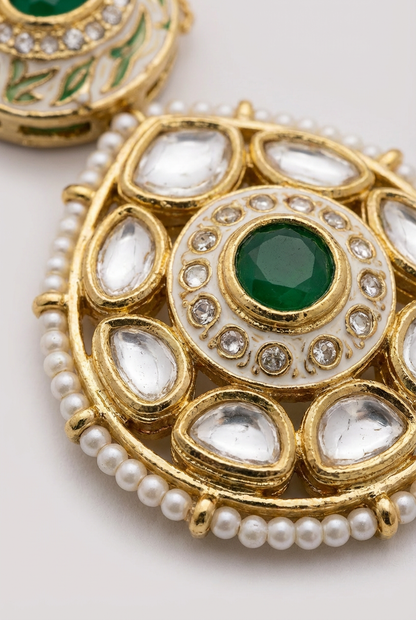 Gold-Plated Kundan Necklace Set with Green Stone Pendant & Matching Earrings | Traditional Ethnic Jewelry for Women