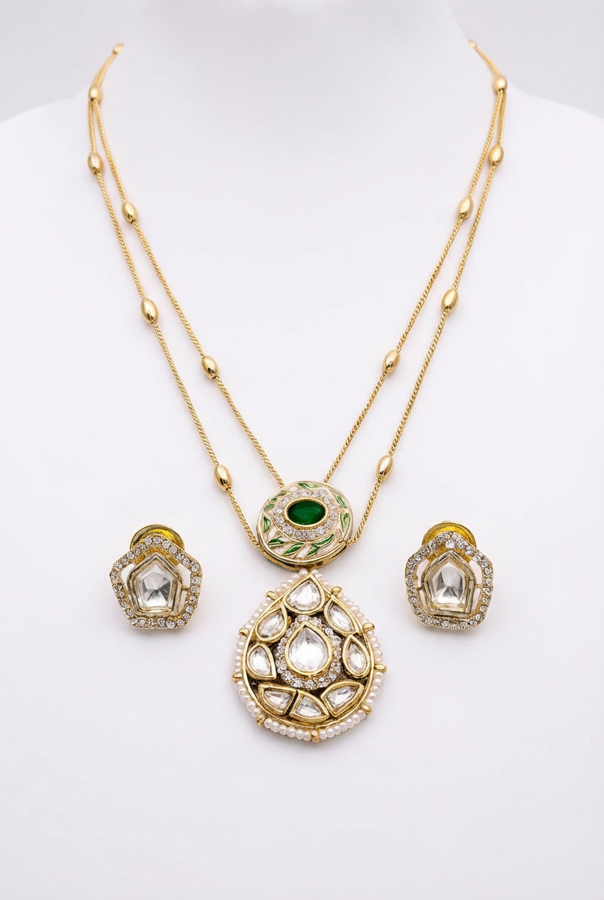 Gold-Plated Kundan Necklace Set with Green Stone Pendant & Matching Earrings | Traditional Ethnic Jewelry for Women