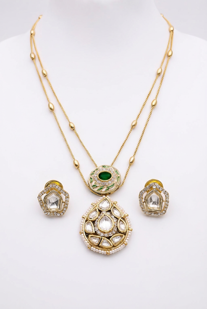 Gold-Plated Kundan Necklace Set with Green Stone Pendant & Matching Earrings | Traditional Ethnic Jewelry for Women