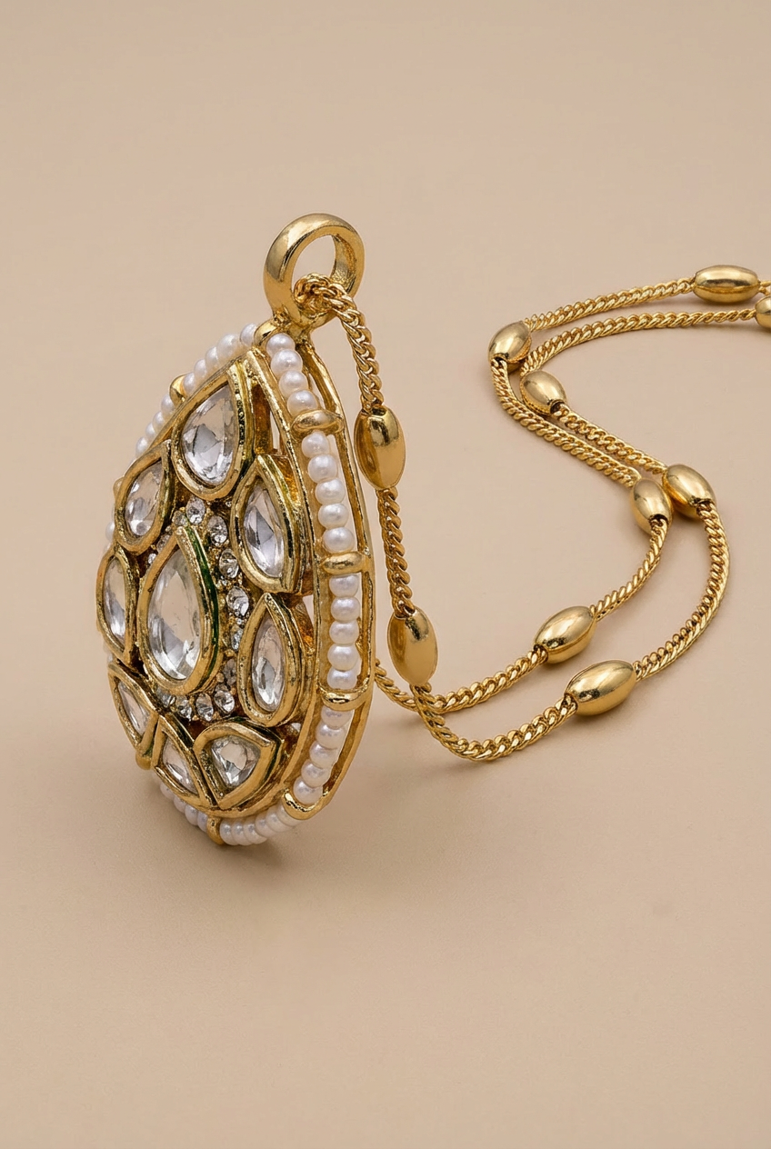 Gold-Plated Kundan Necklace Set with Green Stone Pendant & Matching Earrings | Traditional Ethnic Jewelry for Women