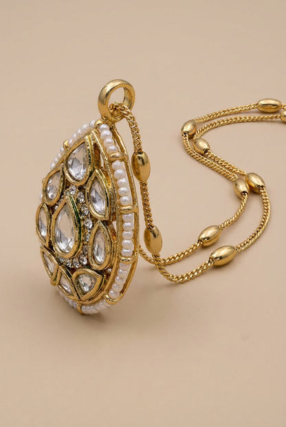 Gold-Plated Kundan Necklace Set with Green Stone Pendant & Matching Earrings | Traditional Ethnic Jewelry for Women