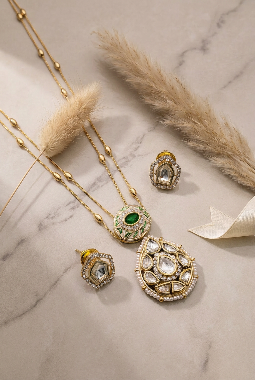 Gold-Plated Kundan Necklace Set with Green Stone Pendant & Matching Earrings | Traditional Ethnic Jewelry for Women